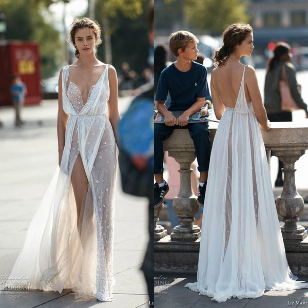 

2020 liz martinez mermaid wedding dresses v neck lace appliqued side split bridal gowns custom made boho backless vestidos de novia, White