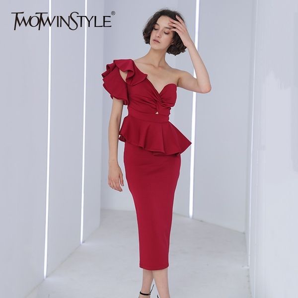 

twotwinstyle two piece sets female off shoulder strapless ruffle crop high waist midi skirt womens suits 2019 elegant style, White