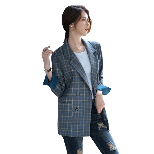 

women's blazer long sleeves jacket suit double breasted office cardigan casual plaid blazers, White;black