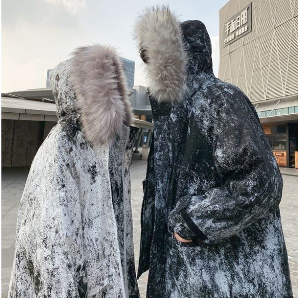 

winter thick coat men's warm fashion parka men print casual fur collar hooded coat man wild loose cotton couple jacket clothes, Black