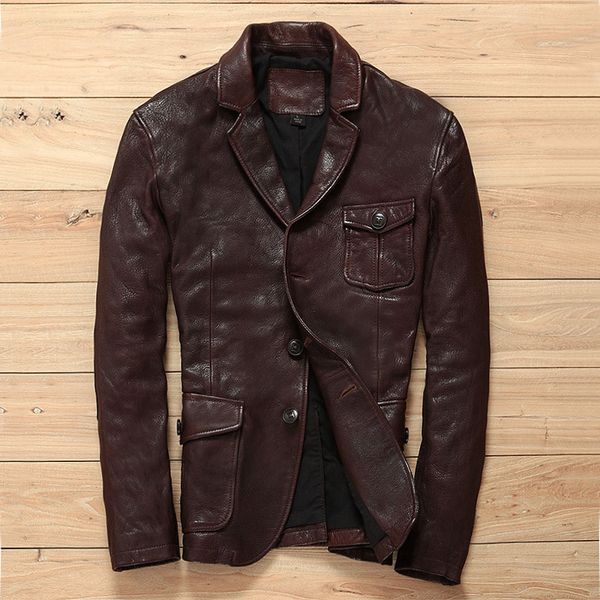 

smart causal classic genuine suits korean fashion advanced sense goat leather jacket for men slim fit blazers male, Black