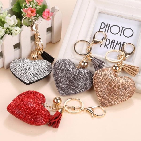 

women full crystal key ring love heart keychain handbag pendant charms long tassel key chains golden chain bag decor keyring, Silver