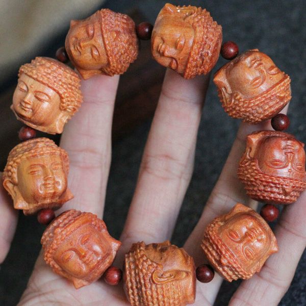 

translucence raja kayu wood carving buddha head tibetan buddhism amulet bracelet, Black