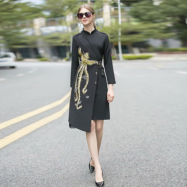 

spring autumn new women's fashion office party casual vintage elegant chic embroidery print black midi coat dress, Tan;black