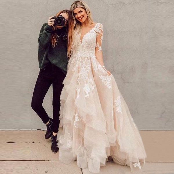 

blush sheer long sleeves tiered lace tulle wedding dresses deep v neck applique bridal gowns celebrity vestido de noiva robe de mariee, White
