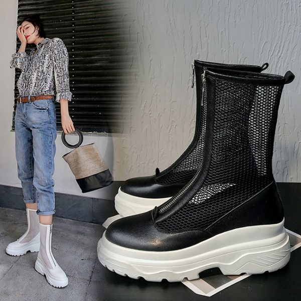 

2019 breathable air mesh hollow women mesh boots summer woman ankle boots platform heels fashion tidal current female shoes, Black
