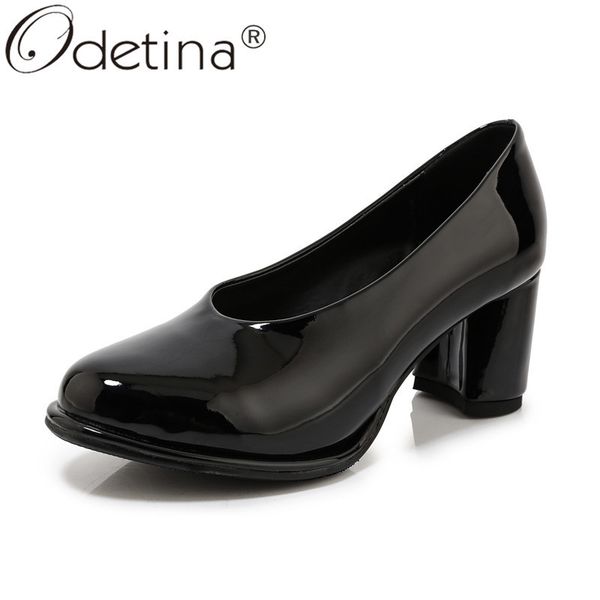 

odetina womens casual round toe patent leather dress shoes female vintage slip on block mid heel non-slip fashion party shoes, Black