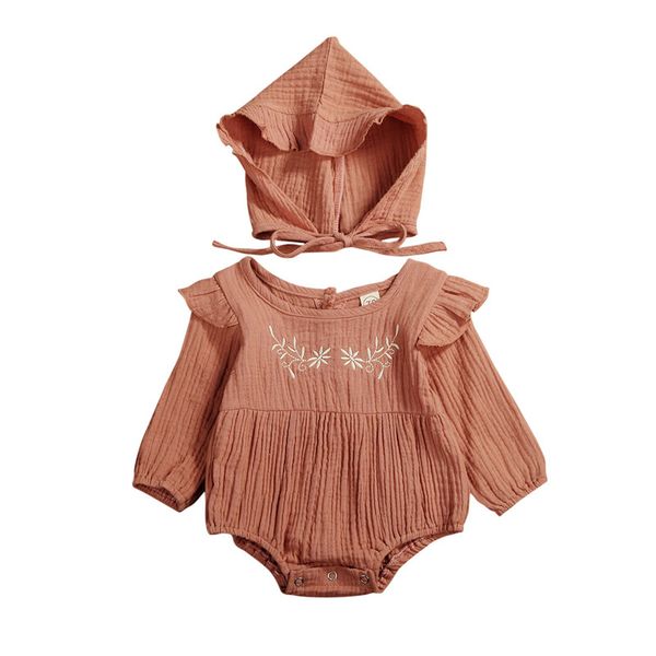

newborn baby girls clothes ruffle button geometry round neck long sleeve bodysuit solid bandage hat 2pc toddler cotton outfits, White