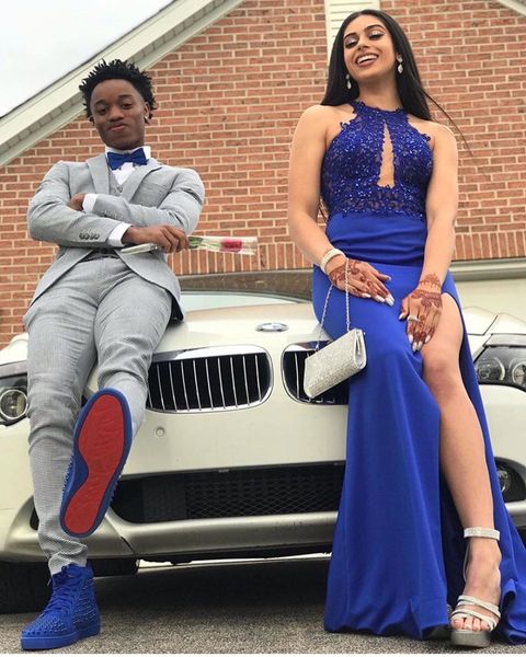 

royal blue mermaid lace prom dresses halter neck beaded side split formal dress floor length plus size evening gowns, Black