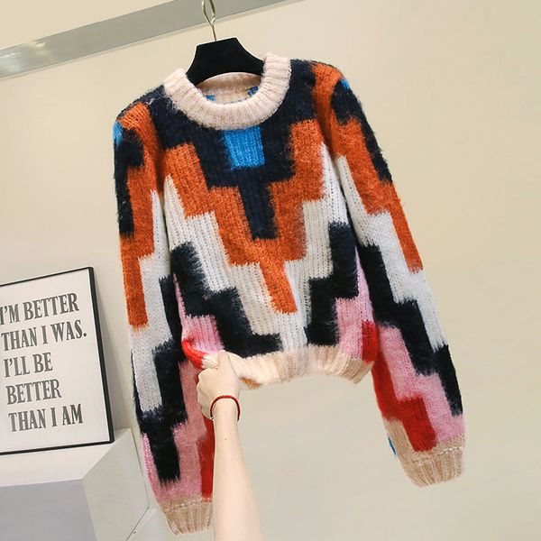 

new korean loose kntting shirt coat womans autumn winter hit color plaid long sleeve loose knit pullover womens sweater jackets, White;black
