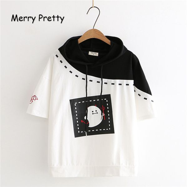 

merry довольно женщины мультфильм печати с капюшоном толстовки с коротким рукавом хлопок кулиской толстовки повседневный looseblack пуловер, Black