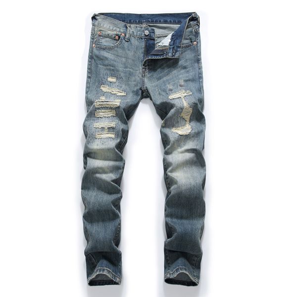 

fashion retro destroyed men jeans slim fit classical denim pants embroidery patches ripped jeans men streetwear hip hop, Blue