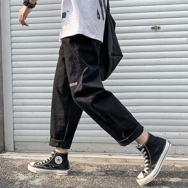 

men's jeans straight denim men 2021 spring autumn korean embroidery loose hong kong style casual pants youth ankle length, Blue