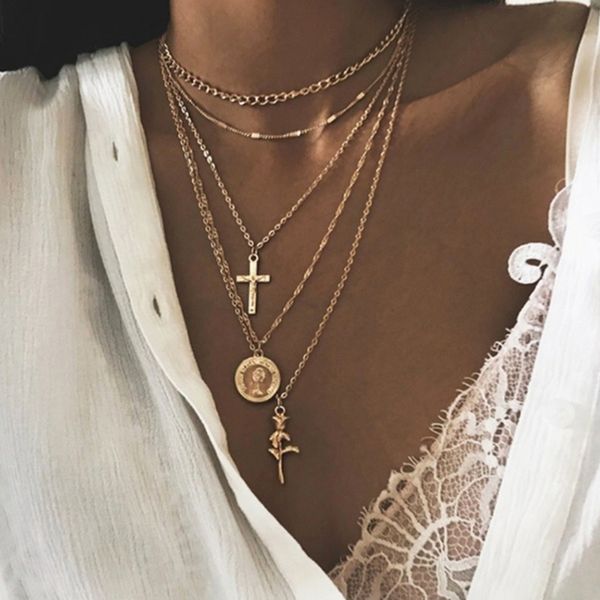 

modyle 2019 new fashion gold color multilayer chains necklaces geometric cross pendants necklaces for women bijoux, Silver