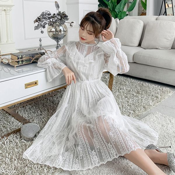 

casual dresses korea spring dress fashion 2021 women flare sleeve ruffles chiffon spliced lace white mid-calf, Black;gray