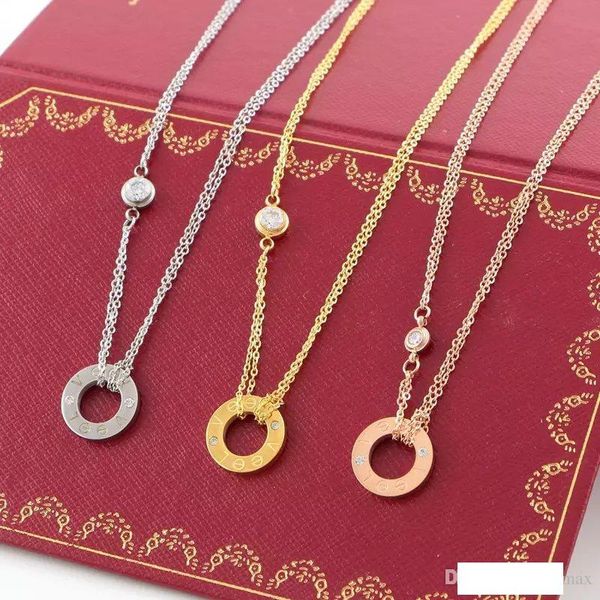 

love circle necklace with cz diamond pendant rose gold silver color necklace for women vintage collar costume jewelry with original box set