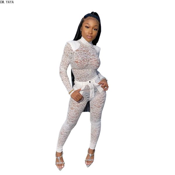 

cm.yaya 2020 winter women sets turtleneck full sleeve pants suit two piece set casual tracksuits lace fitness outfits k9583, White