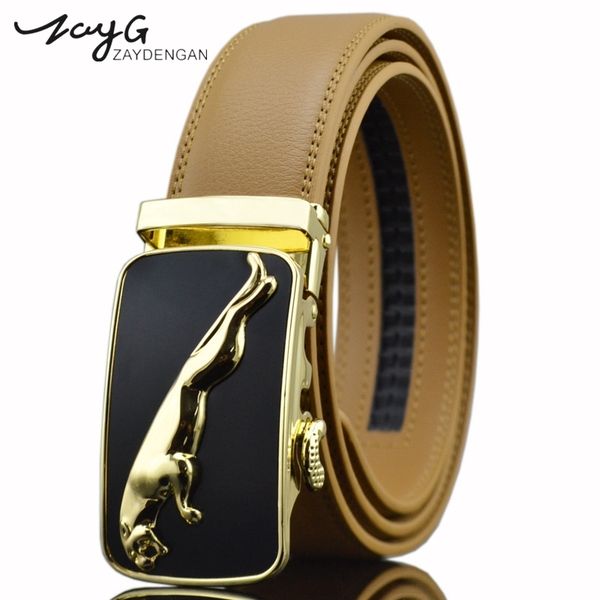 

zayg mens leopard belt black yellow leather belts men sliding ratchet automatic buckle fashion classic belt, Black;brown