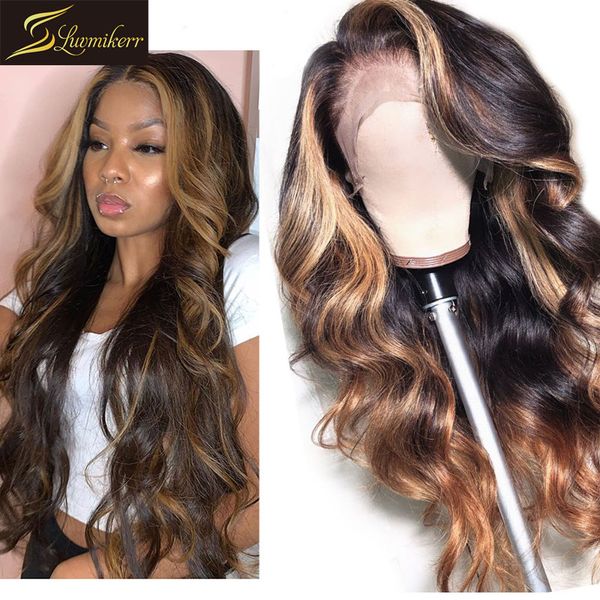 

highlight ombre peruvian 13Ã6 deep part hd transparent lace front human hair wigs for black women colored loose wave frontal wig, Black;brown