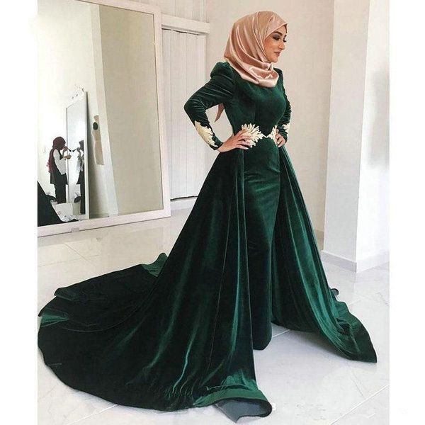 Dubai Arabische dunkelgrüne muslimische Abendkleider aus Samt mit abnehmbarer Schleppe, langen Ärmeln, Applikationen, islamische formelle Kleidung, Abendparty-Kleider