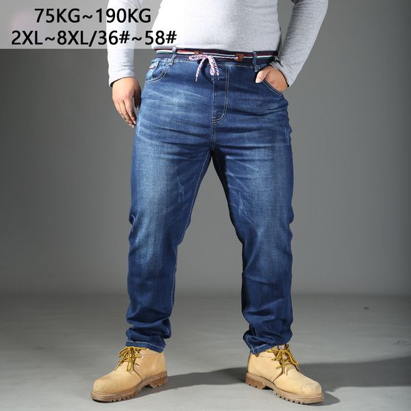 

56 58 new arrival super large men jeans loose casual straight trousers full length plus size 7xl 8xl blue elastic waist pants