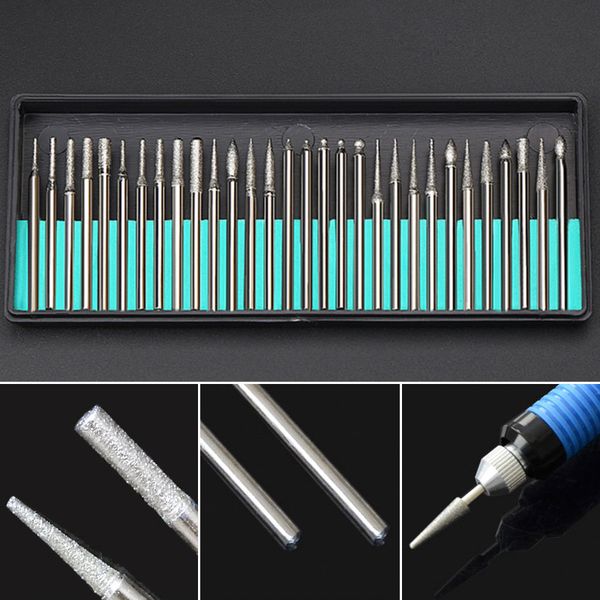 

30pcs 2.35/3.0mm mini drill bits diamond burs grinding wheel abrasive shank wood stone engraving dremel power tools accessories