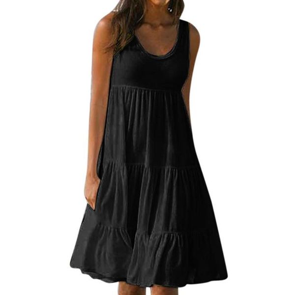 

summer sleeveless casual loose dress women o-neck plus size beach holiday dress with 7 colors fashion style, Black;gray