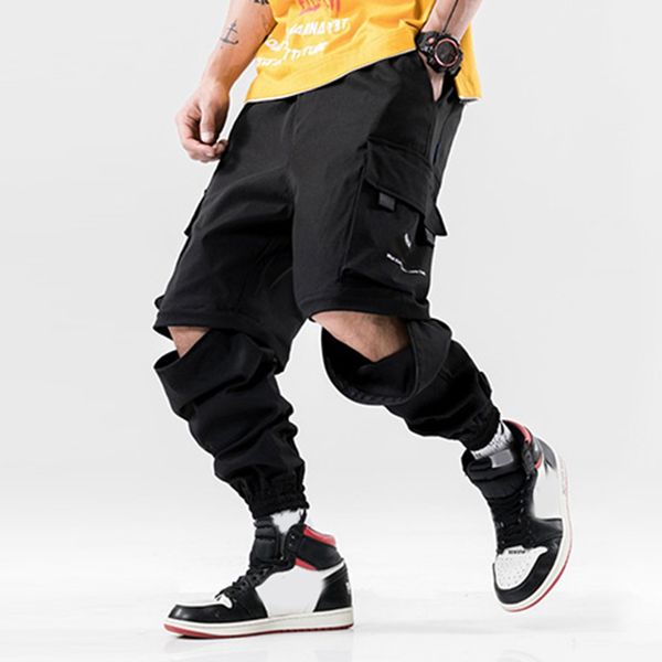 

men's hip hop pantalones new style splicing disassemblable pantalones hombre and two-piece overall fashion streetwear men pants, Black