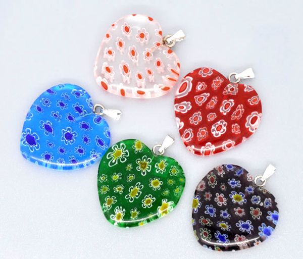

lovely 10 mixed millefiori glass lampwork heart charm pendants (b08434, Silver