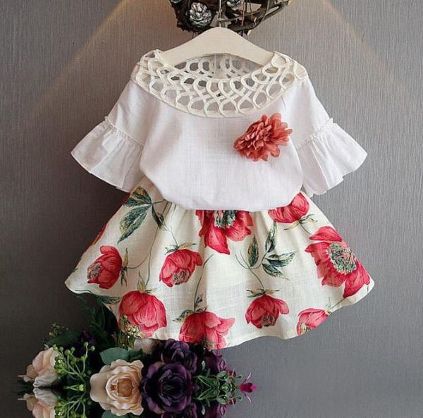 

wholesale kids designer clothes girls baby childrens clothing sets solid t-shirt+print skirt 2pcs/set summer princess dress by1436, White