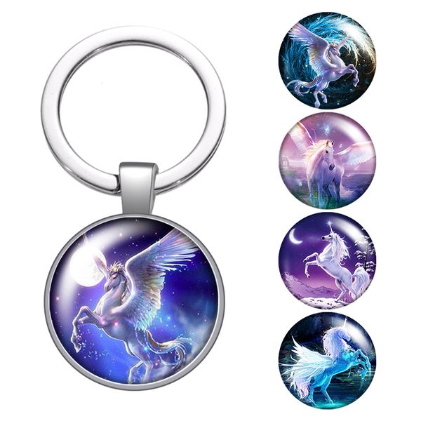 

magical unicorn dream hope glass cabochon keychain bag car key chain ring holder charms for men women gifts, Silver