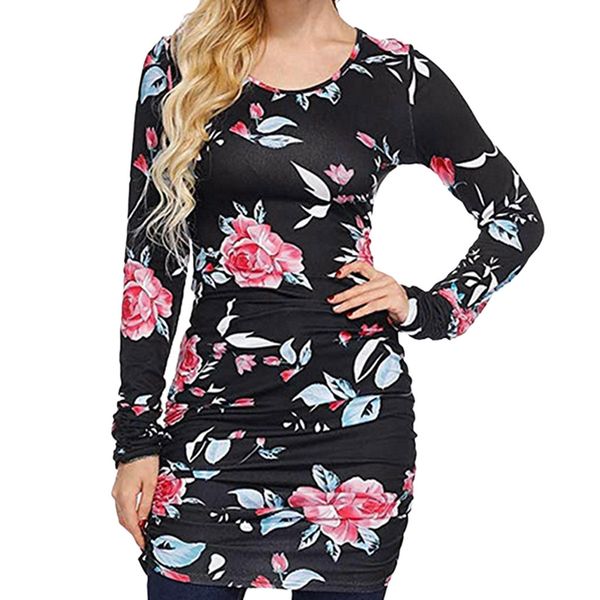 

dress women o-neck long sleeve pleated print slim bag hip dress feitong fashion bohemian sheath new arrival 2019, Black;gray