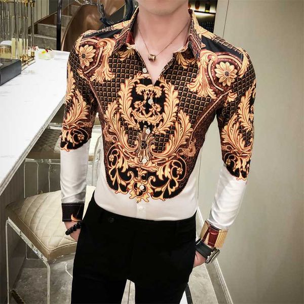 

luxury floral shirt men fashion 2020 spring long sleeve mens casual shirts streetwear slim fit night club party dress tuxedo 3xl, White;black