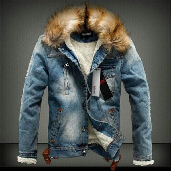 

fashion male winter added heat to keep warm heavy hair collar denim jacket men slim fit pure color casual cowboy coat breathable, Black;brown