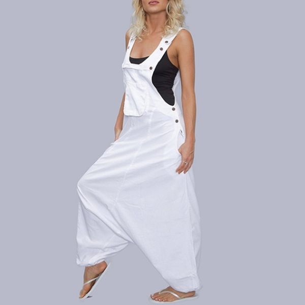 

summer women jumpsuits sleeveless fashion solid color pockets adjusted buttons casual high waist loose jumpsuits, Black;white
