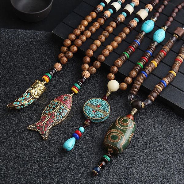 

buddhist mala wood beads pendant & necklace ethnic horn fish handmade nepal necklace long statement jewelry women men, Silver