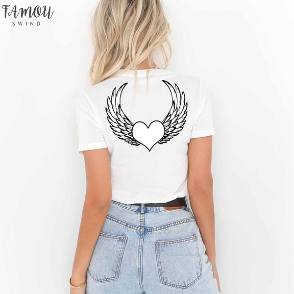 

heart angle wing t shirt women punk print tee shirt femme cap sleeve t shirt casual tee o neck rock, White