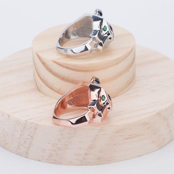 

fashion lady brass black enamel green eyes zircon leopard head 18k gold wedding engagement rings 2 color size6-9, Golden;silver