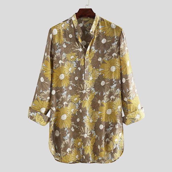 

men's casual shirts men long style shirt floral print vintage streetwear 2021 sleeve v neck breathable muslim clothing incerun, White;black