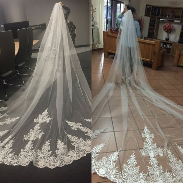 

2020 wedding veils appliqued single layer lace appliue edge chapel length bridal veil custom made long head dresses, Black