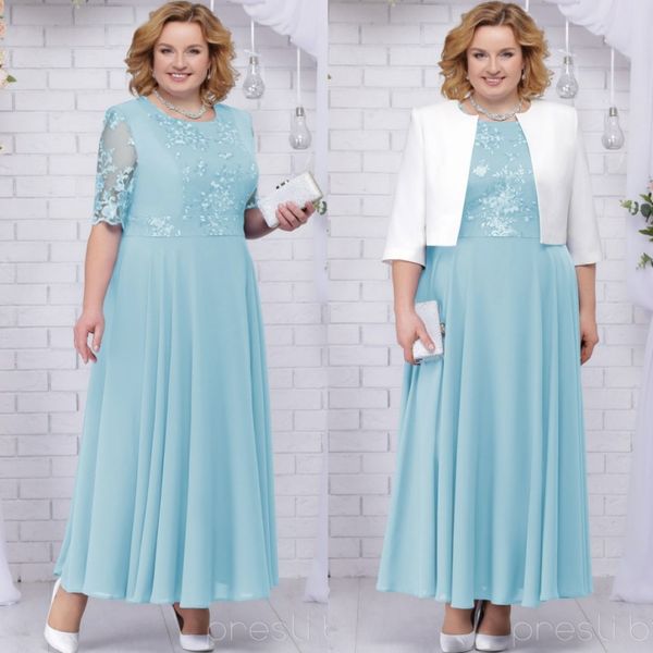 Bescheidene Plus-Size-Spitzenkleider für die Brautmutter mit Jacken, A-Linien-Hochzeitsgastkleid mit Juwelenausschnitt, knöchellange Abendkleider aus Chiffon