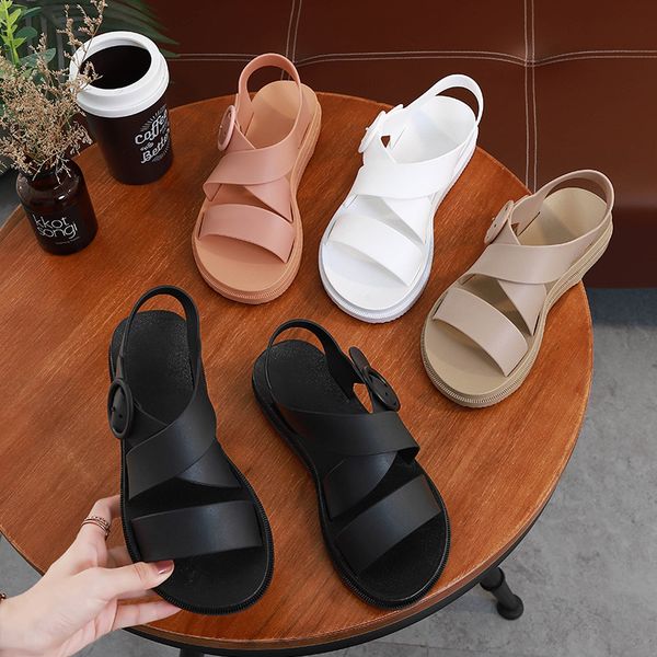 

leosoxs flat sandals women shoes gladiator open toe buckle soft jelly sandals female casual women 's flat platform beach shoes, Black