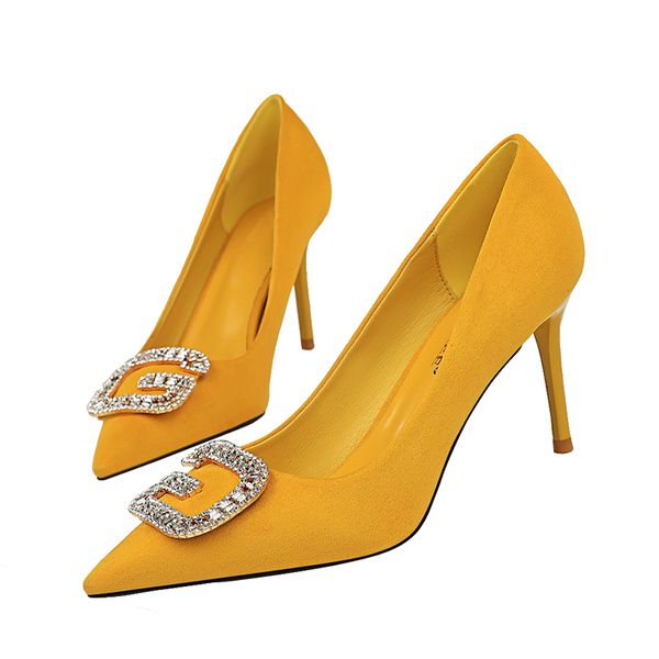 

2019 women pumps 8cm high heels suede lady scarpins crystal flock low heels pointed toe office blue yellow rhinestone shoes, Black