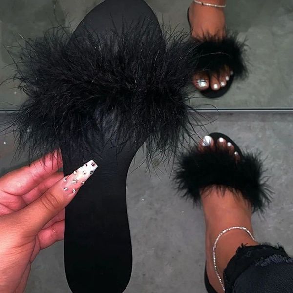 

sandals women's colorful fake fur fashion fluffy faux furry outdoor, Black