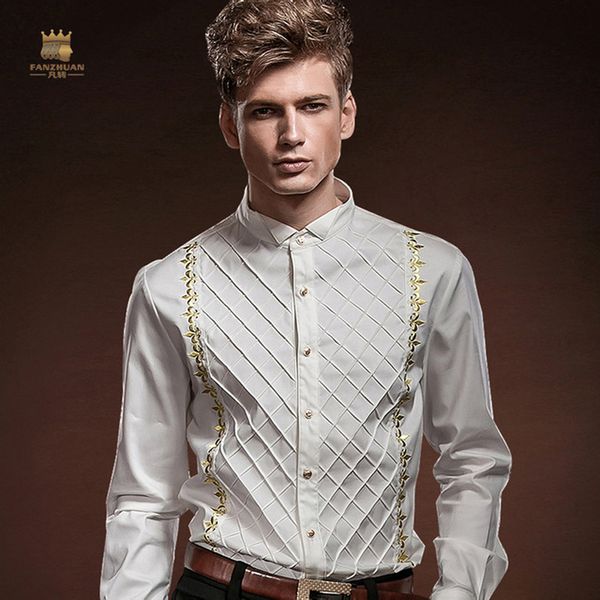 

fanzhuan new personality male men's shirt long sleeve slim plaid british court embroidery white dress shirt 14233, White;black