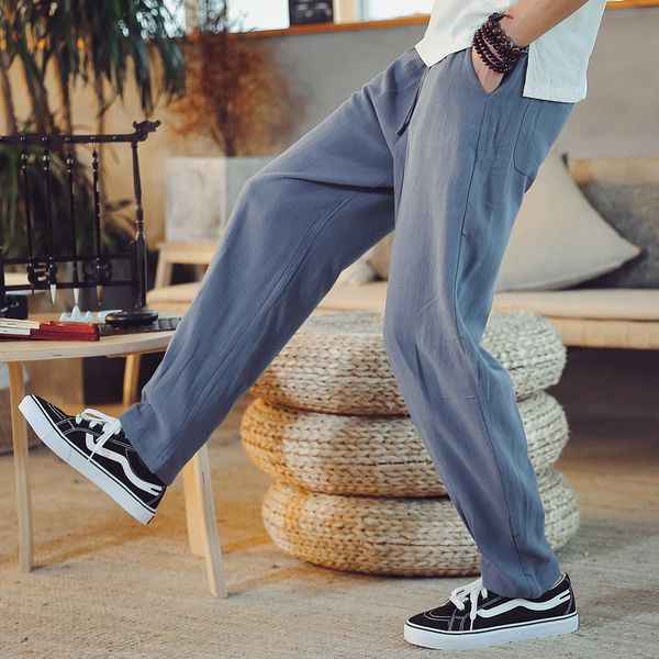 

men's jeans 2021 fashion men big yards straight pure color cotton and linen slacks chinese wind restoring ancient ways haroun pants, Blue