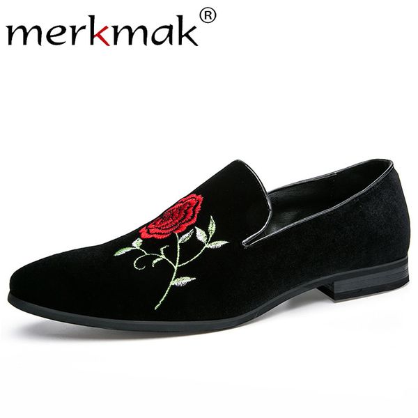 

merkmak rose embroidery men's loafers slip on solid black classic suede dress shoes men comfortable wedding party men flat shoes