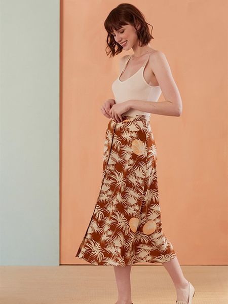 

women skirts french sweet style vintage new 2019 spring and autumn palm tree print jupe femme middle long buckle design, Black