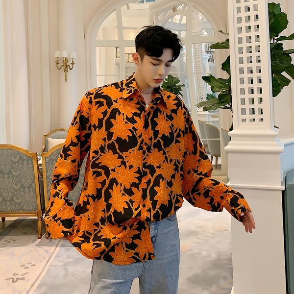 

spring new flower shirt men fashion printed casual shirt man streetwear trend wild hip hop loose long-sleeved male clothes, White;black