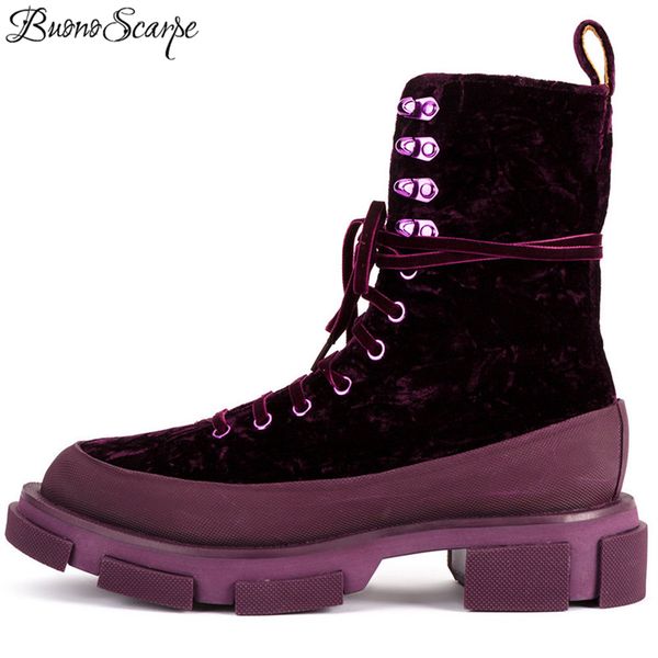 

buonoscarpe 2018 new arrival winter thickheel boots british style lace up velvet chic boots platform heels army work short, Black